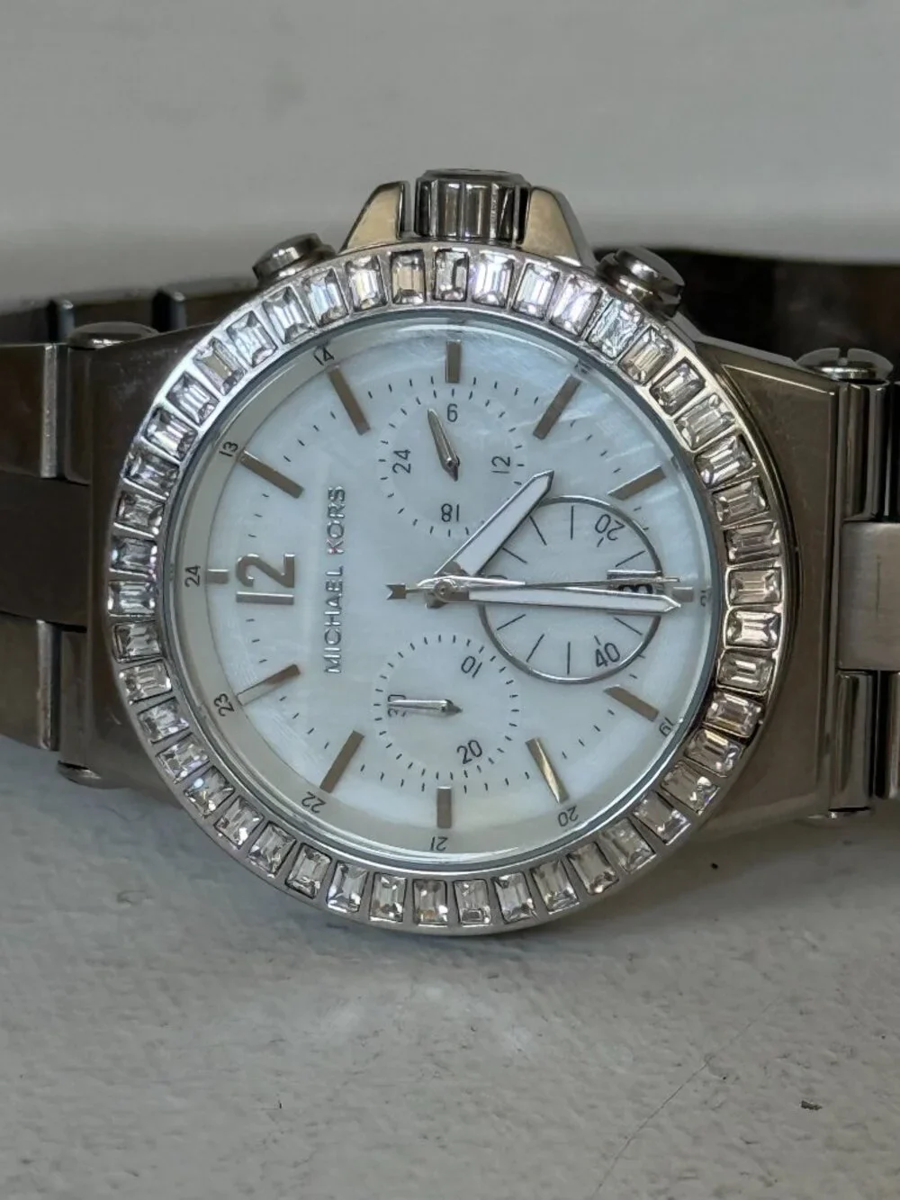 Michael Kors MK5411 Dylan Crystal Bezel Mother of Pearl Silver Chronograph Watch